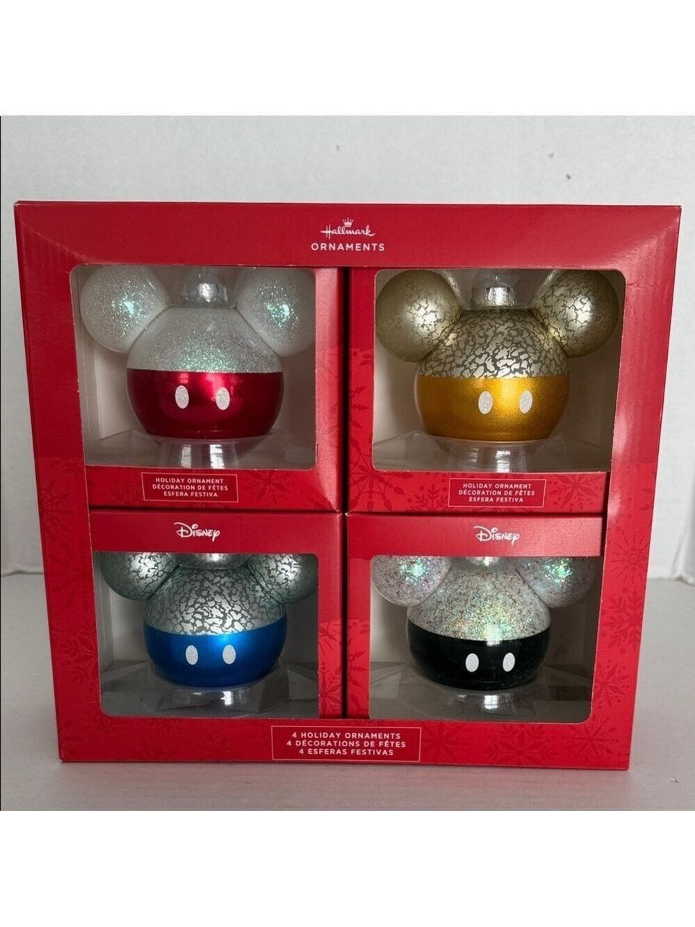 Disney Hallmark Holiday Glass Ornaments Mickey Ears Gold Black Red Blue Set of 4